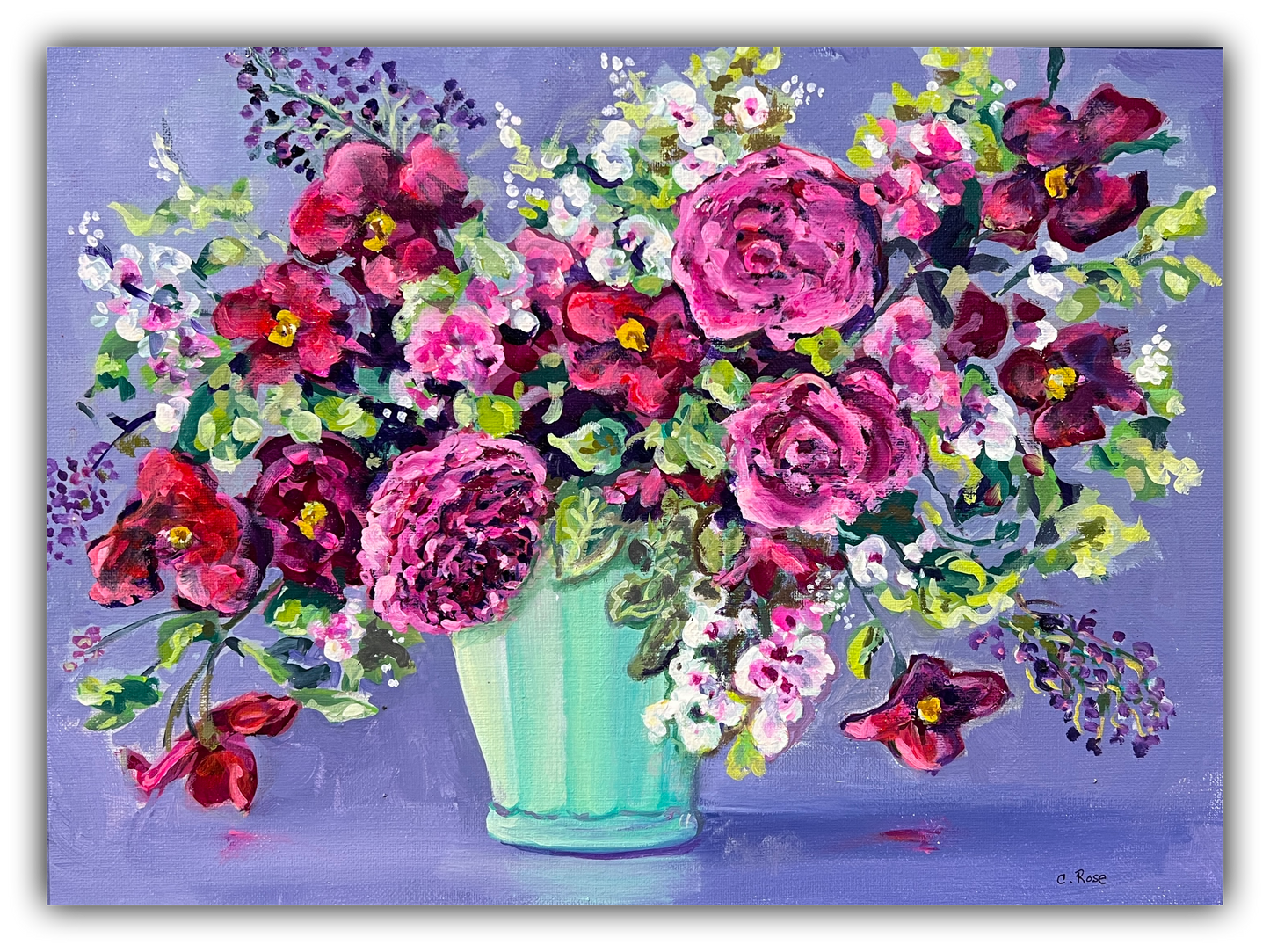 Peas & Mint original acrylic painting by Charlotte Rose featuring a lush floral bouquet with pink and burgundy blooms in a mint green vase on a soft lavender background, 12x16 inches.