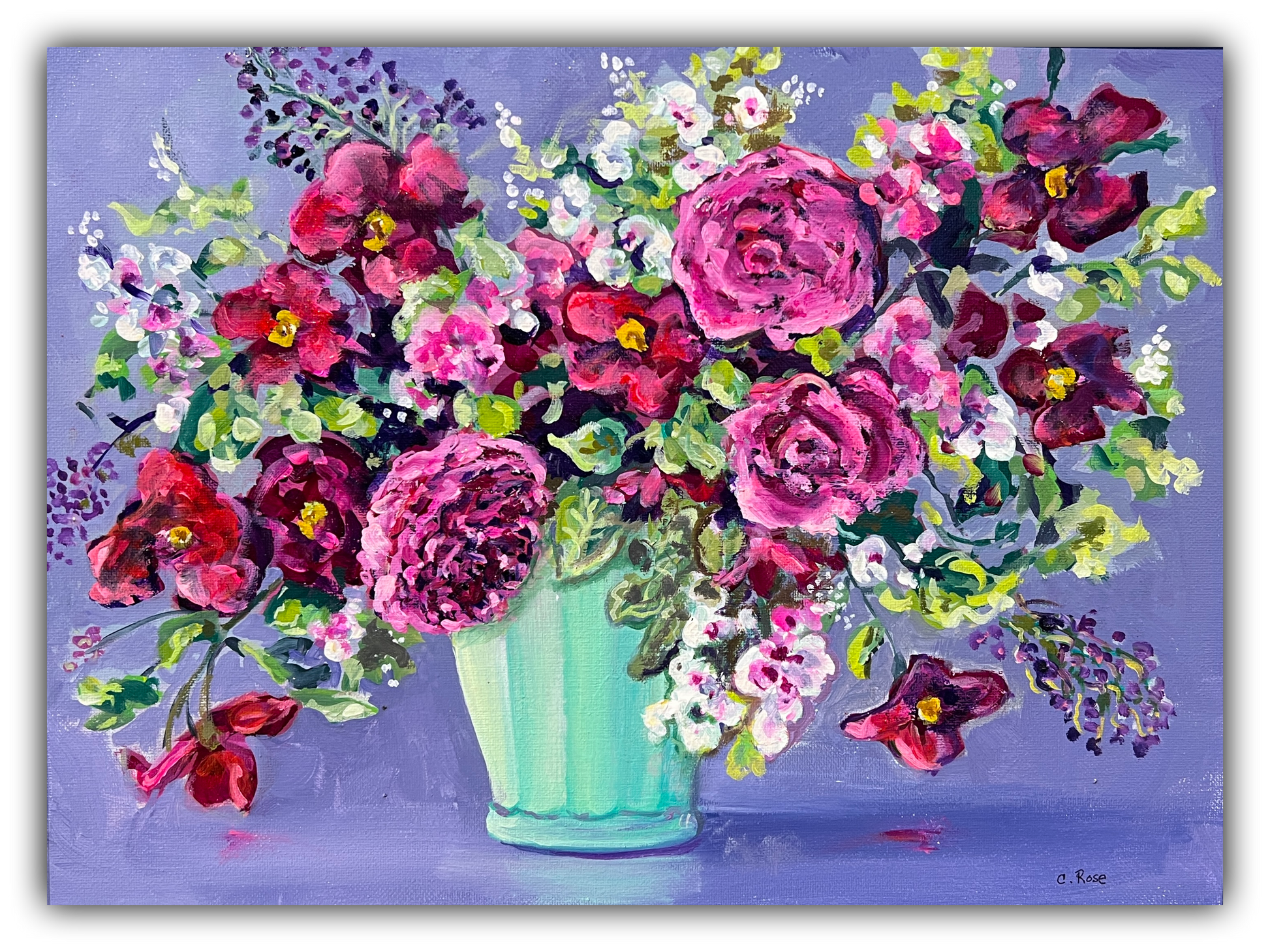 Peas & Mint original acrylic painting by Charlotte Rose featuring a lush floral bouquet with pink and burgundy blooms in a mint green vase on a soft lavender background, 12x16 inches.