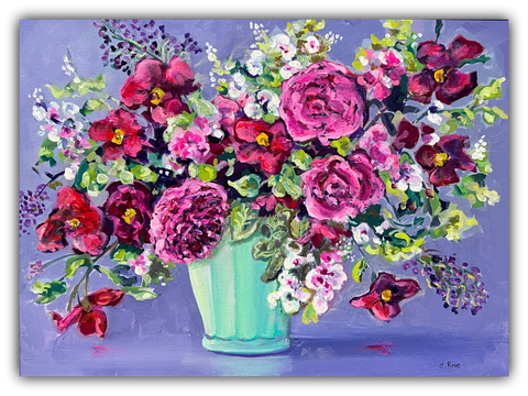 Peas & Mint original acrylic painting by Charlotte Rose featuring a lush floral bouquet with pink and burgundy blooms in a mint green vase on a soft lavender background, 12x16 inches.