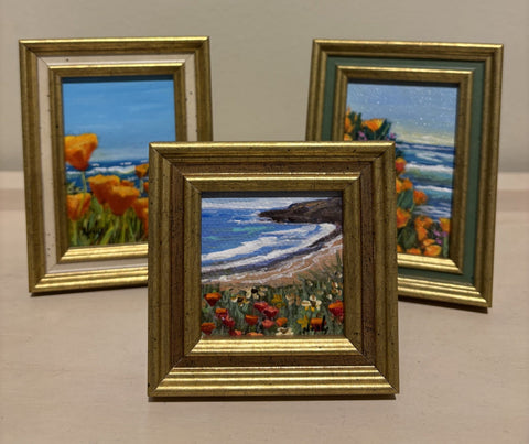 Poppies by the Sea miniature original painting of the California Coast by Karen Neely