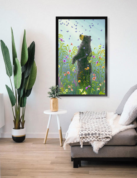Presence III by Robert Bissell features a bear surrounded by wildflowers and butterflies.
