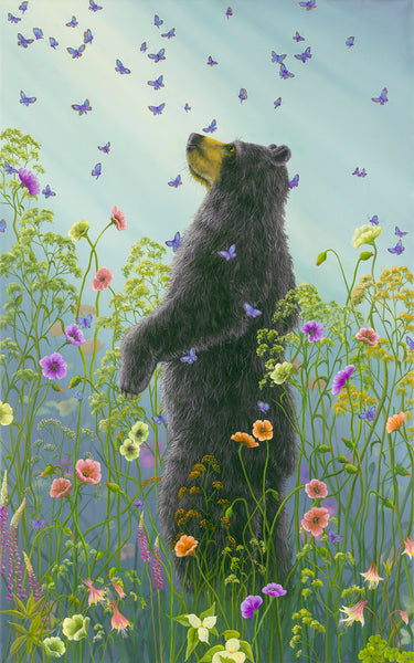 Presence III by Robert Bissell features a bear surrounded by wildflowers and butterflies.