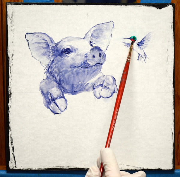Mikki Senkarik painting of a pig surrounded by colorful flowers and a hummingbird.