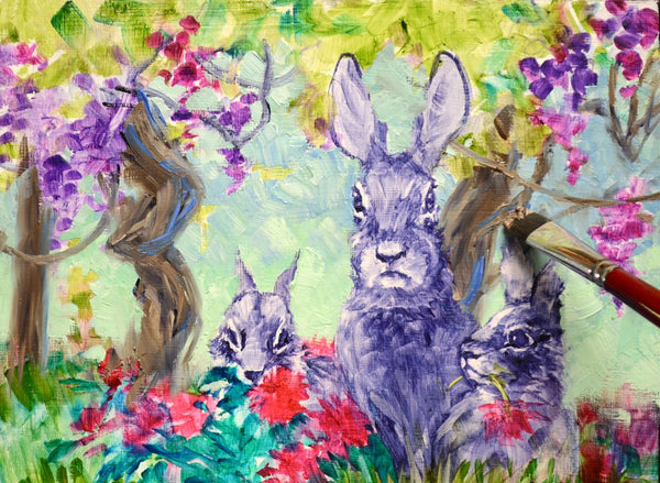 Oil painting by Mikki Senkarik of 3 bunnies amongst the wine country vines.