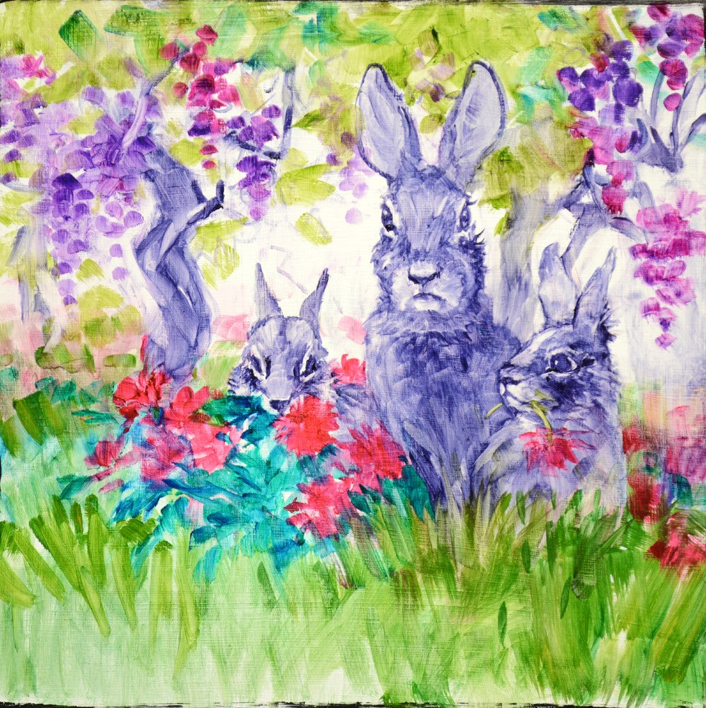 Oil painting by Mikki Senkarik of 3 bunnies amongst the wine country vines.