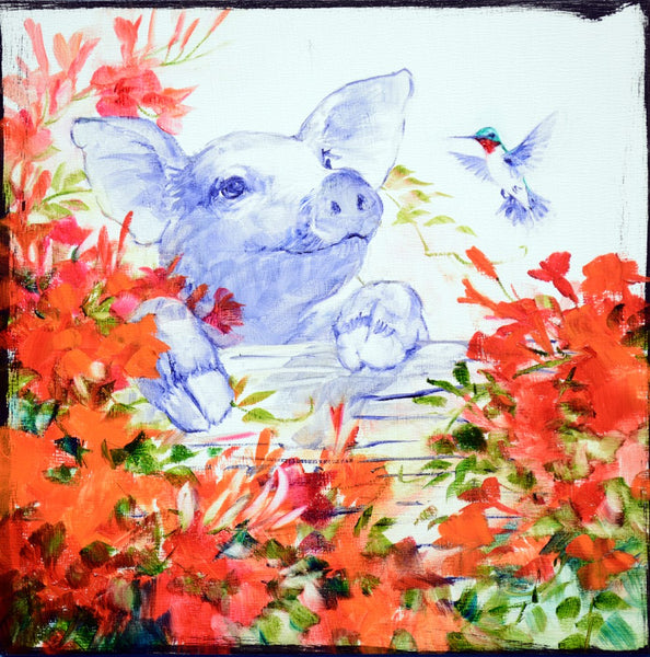 Mikki Senkarik painting of a pig surrounded by colorful flowers and a hummingbird.