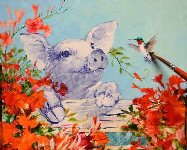 Mikki Senkarik painting of a pig surrounded by colorful flowers and a hummingbird.