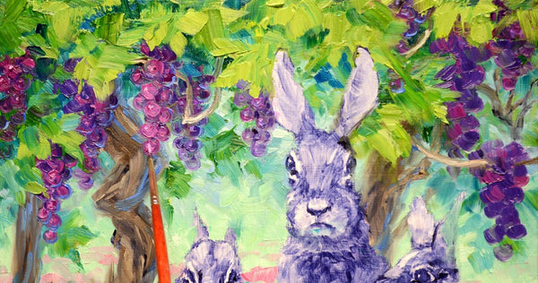 Oil painting by Mikki Senkarik of 3 bunnies amongst the wine country vines.