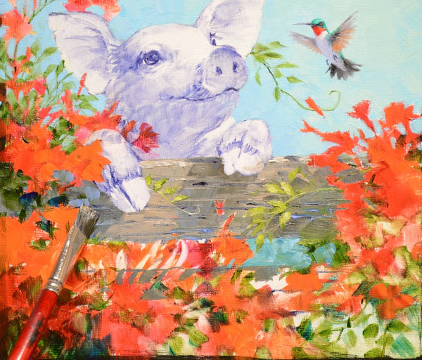 Mikki Senkarik painting of a pig surrounded by colorful flowers and a hummingbird.