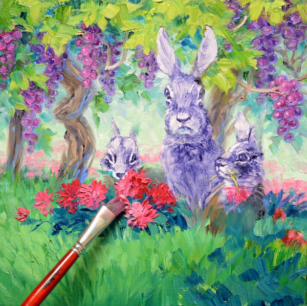 Oil painting by Mikki Senkarik of 3 bunnies amongst the wine country vines.