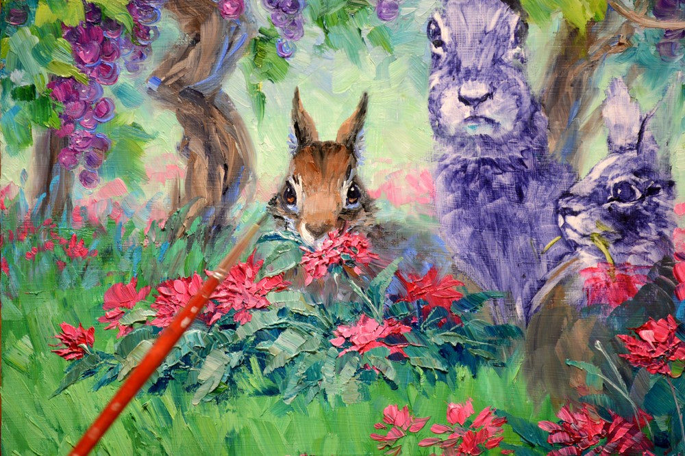 Oil painting by Mikki Senkarik of 3 bunnies amongst the wine country vines.