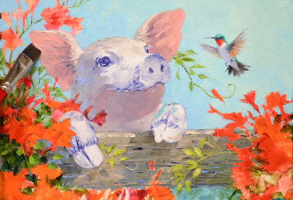 Mikki Senkarik painting of a pig surrounded by colorful flowers and a hummingbird.