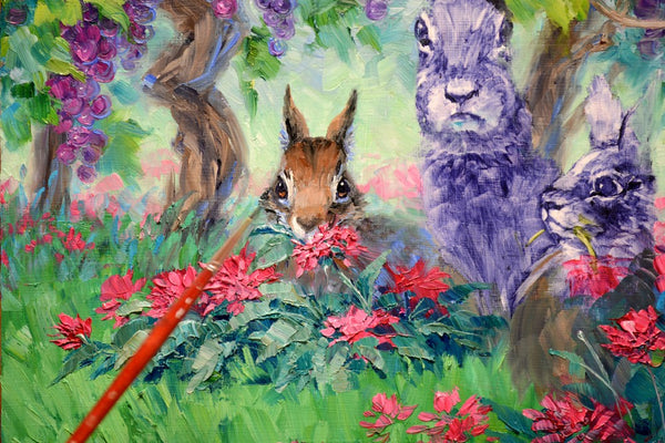 Oil painting by Mikki Senkarik of 3 bunnies amongst the wine country vines.