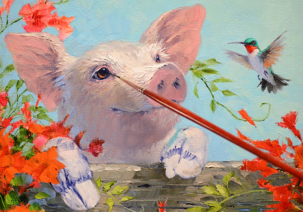Mikki Senkarik painting of a pig surrounded by colorful flowers and a hummingbird.