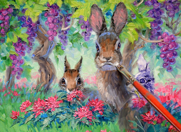 Oil painting by Mikki Senkarik of 3 bunnies amongst the wine country vines.