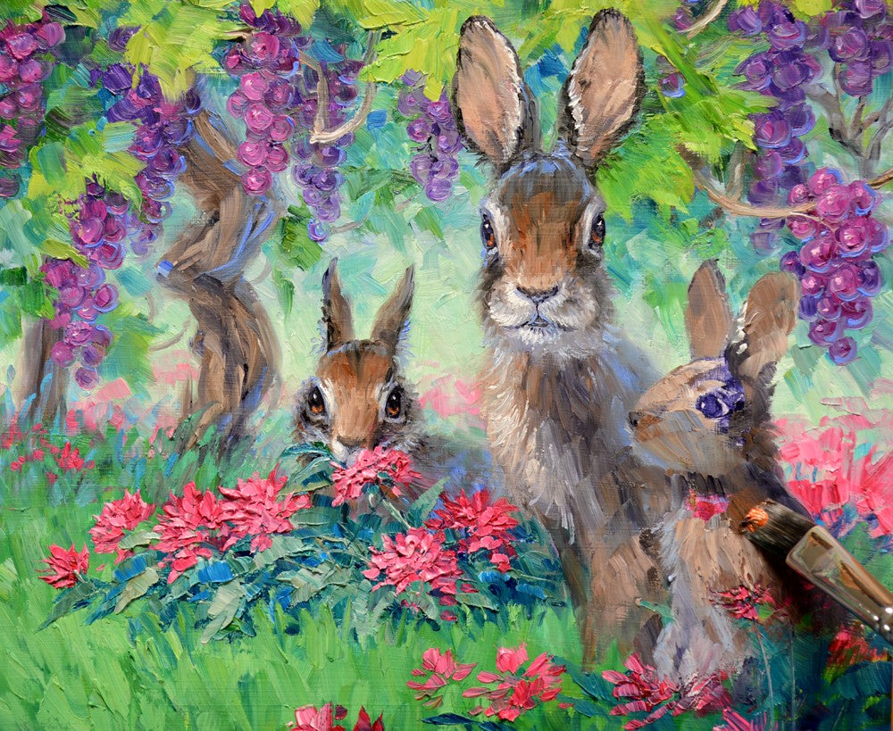 Oil painting by Mikki Senkarik of 3 bunnies amongst the wine country vines.