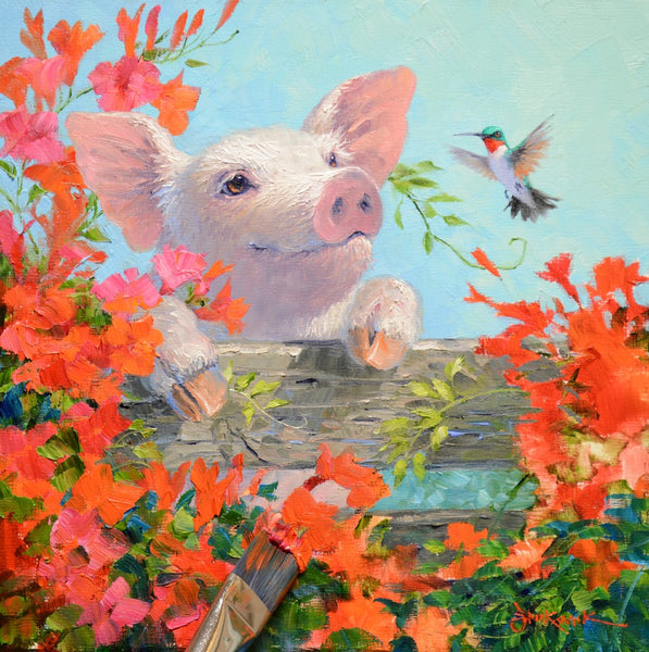 Mikki Senkarik painting of a pig surrounded by colorful flowers and a hummingbird.