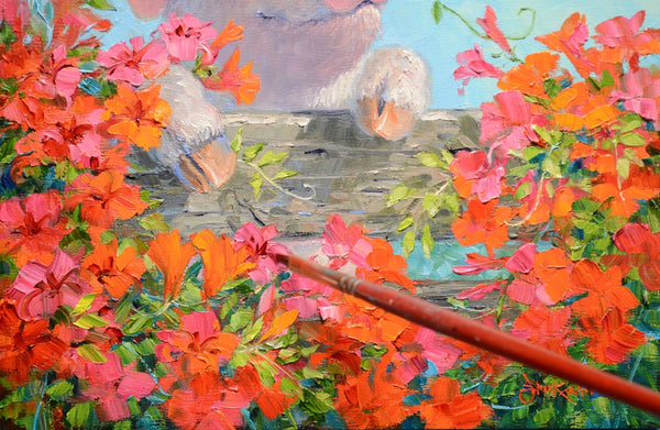 Mikki Senkarik painting of a pig surrounded by colorful flowers and a hummingbird.
