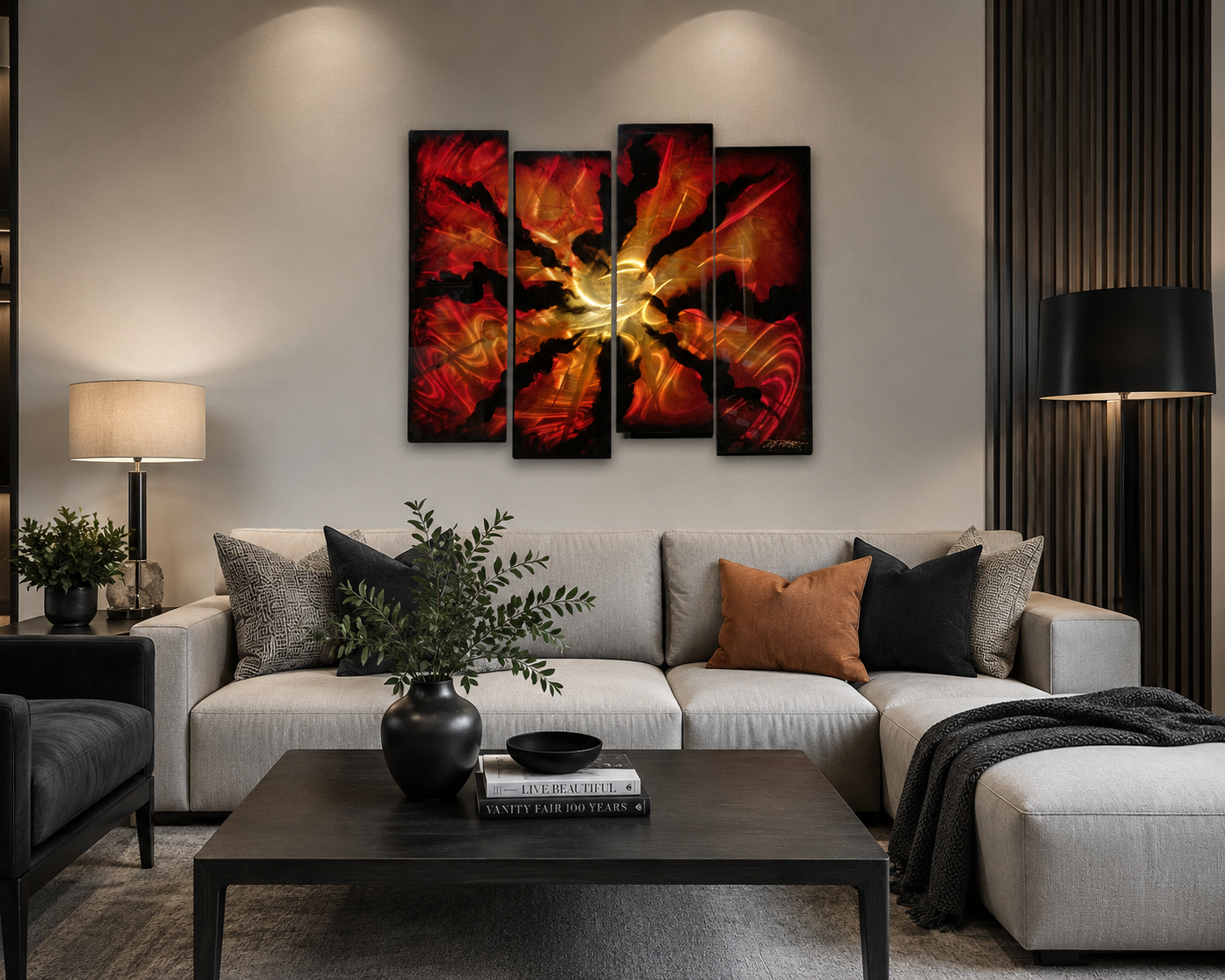 Chris DeRubeis Red Burst original metal artwork installed in a contemporary living room above a modern sectional sofa