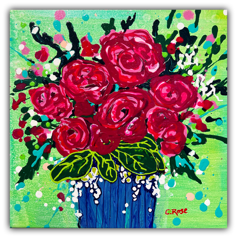 Red Roses original acrylic painting by Charlotte Rose featuring a vibrant bouquet of red roses in a blue vase with bold green background and expressive splashes of color, 12x12 inches.