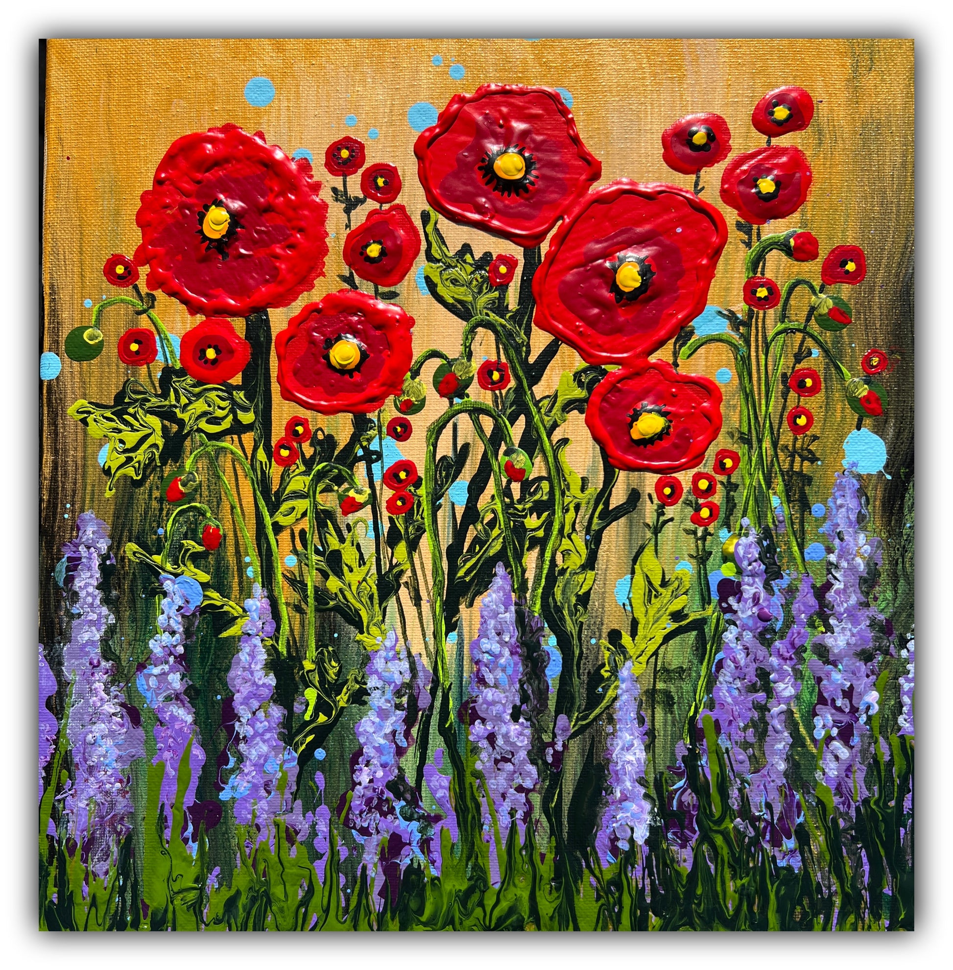 Red Poppies original acrylic painting by Charlotte Rose featuring bold red poppy flowers with textured petals, lavender blooms, and a warm golden background, 12x12 inches.