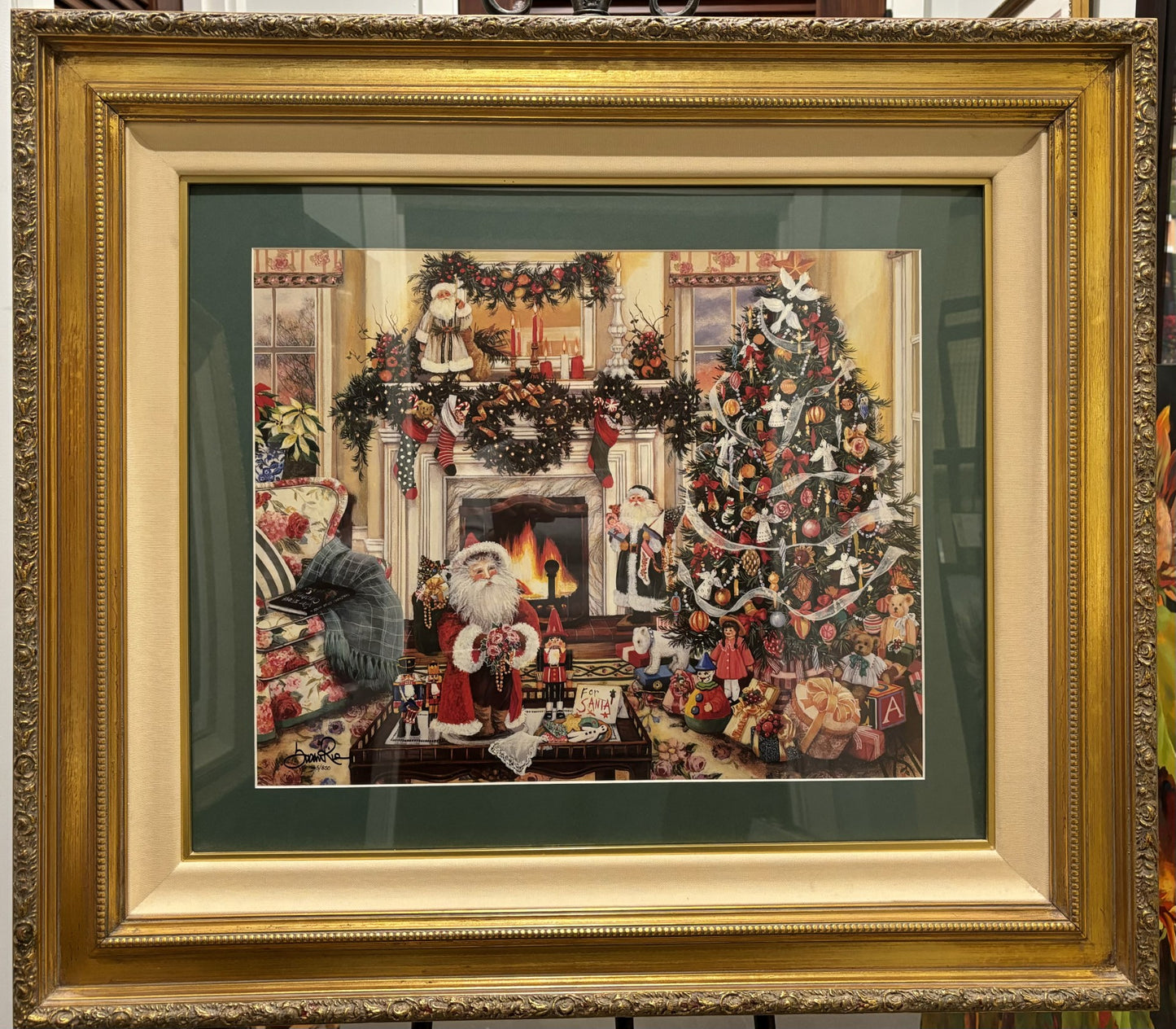 Antique gold frame and linen liner detail on Susan Rios holiday print