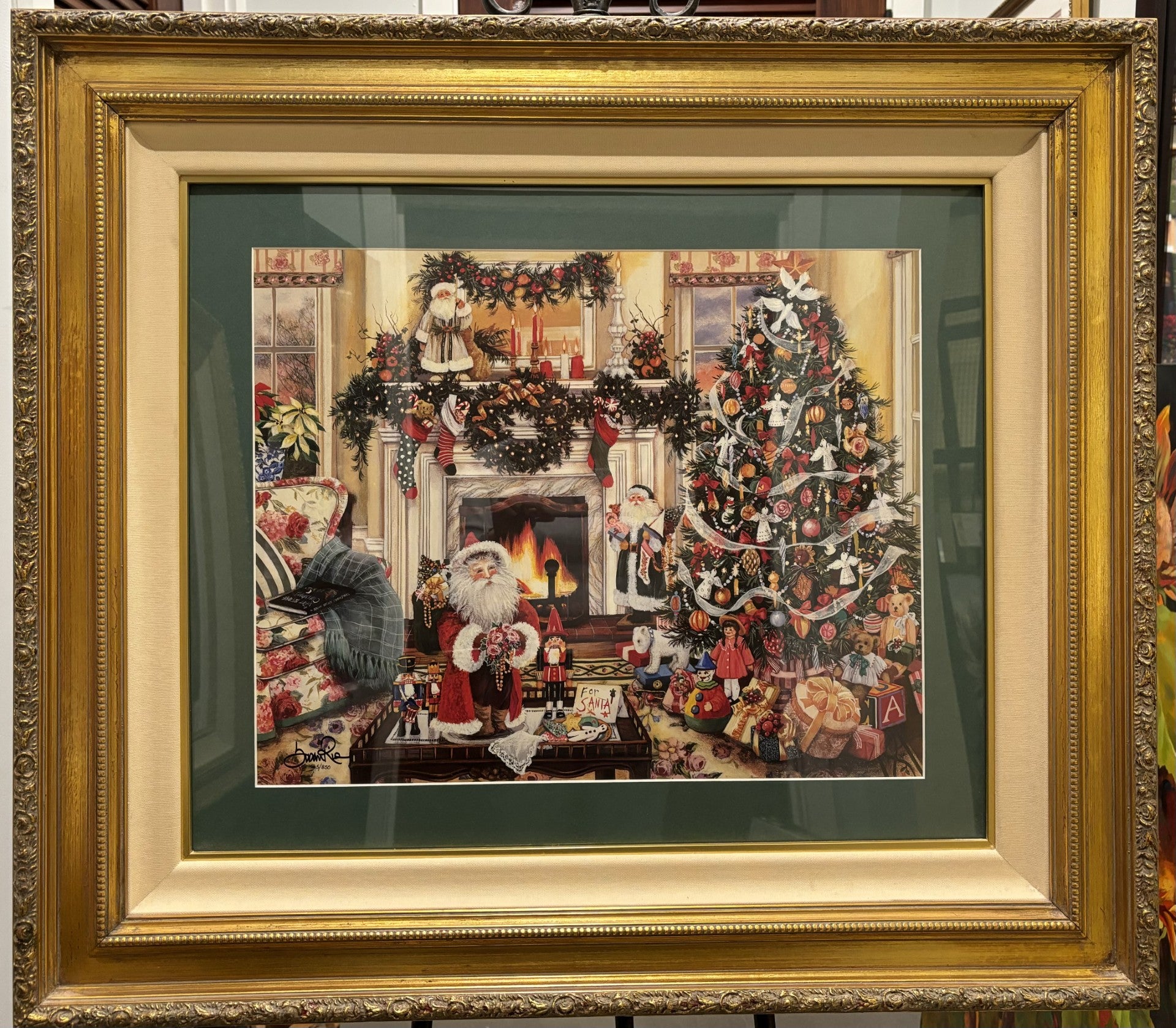 Antique gold frame and linen liner detail on Susan Rios holiday print