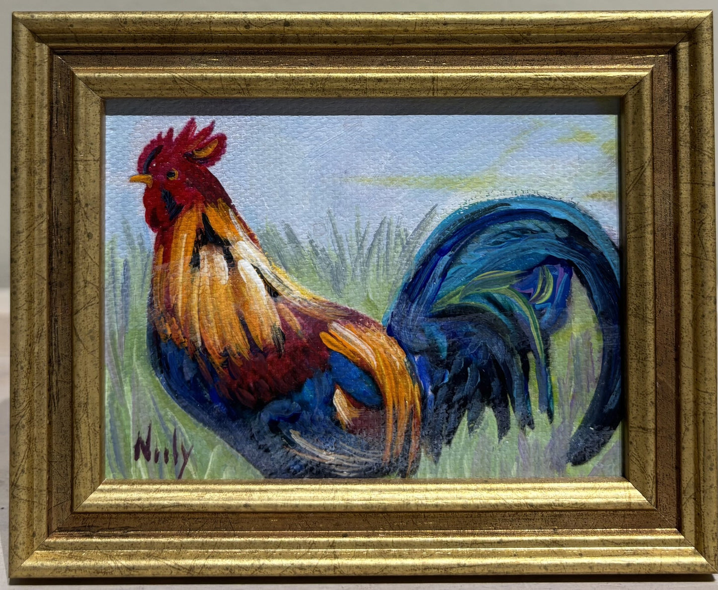 Rooster miniature original acrylic painting by Karen Neely (#F314), 3x4", featuring a colorful rooster in grass, framed in gold Italian moulding with easel back (framed size ~4x5").