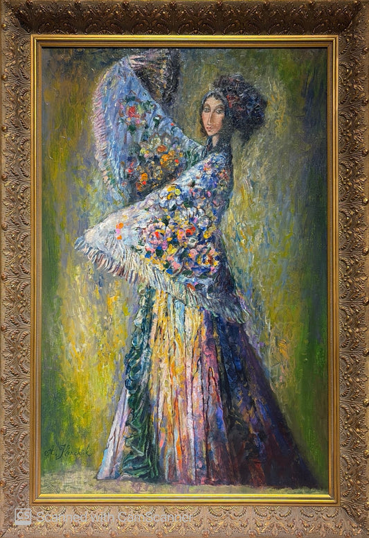 Rosalinda by Alexander Kanchik, original 36 x 24 inch oil painting featuring an elegant woman in a flowing floral shawl and colorful gown, rendered with expressive impressionistic brushwork and presented in an ornate custom frame.