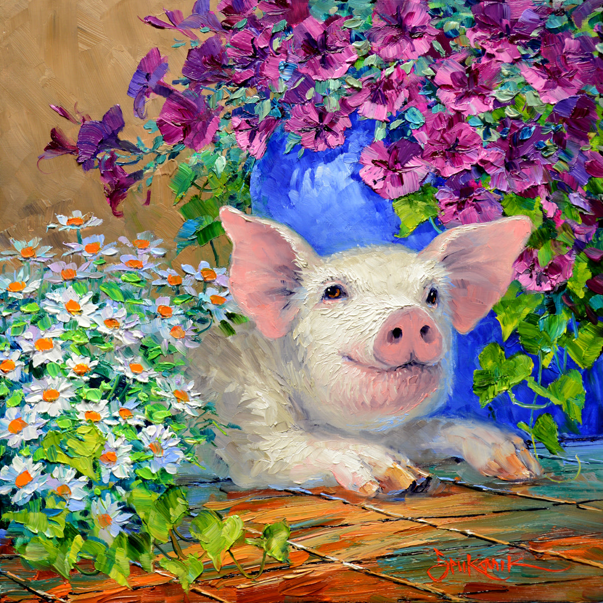 Lazy in the Daisies by Mikki Senkarik, 10x10 original oil painting of a smiling piglet resting among white daisies and vibrant pink flowers with rich palette knife texture.