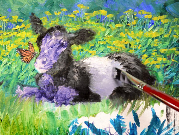 Monarchs Love Oreos original painting by Mikki Senkarik featuring a monarch butterfly and an oreo cow.