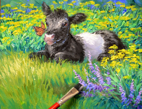 Monarchs Love Oreos original painting by Mikki Senkarik featuring a monarch butterfly and an oreo cow.