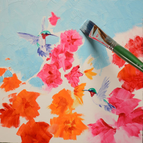 Hummin’ in the Hollies 10x10" original oil painting by Mikki Senkarik featuring two hummingbirds among vibrant pink, orange, and red hollyhock flowers. Ready to hang or frame.