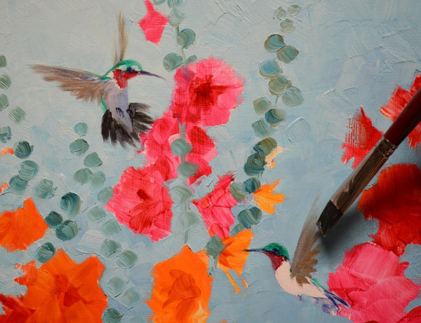 Hummin’ in the Hollies 10x10" original oil painting by Mikki Senkarik featuring two hummingbirds among vibrant pink, orange, and red hollyhock flowers. Ready to hang or frame.