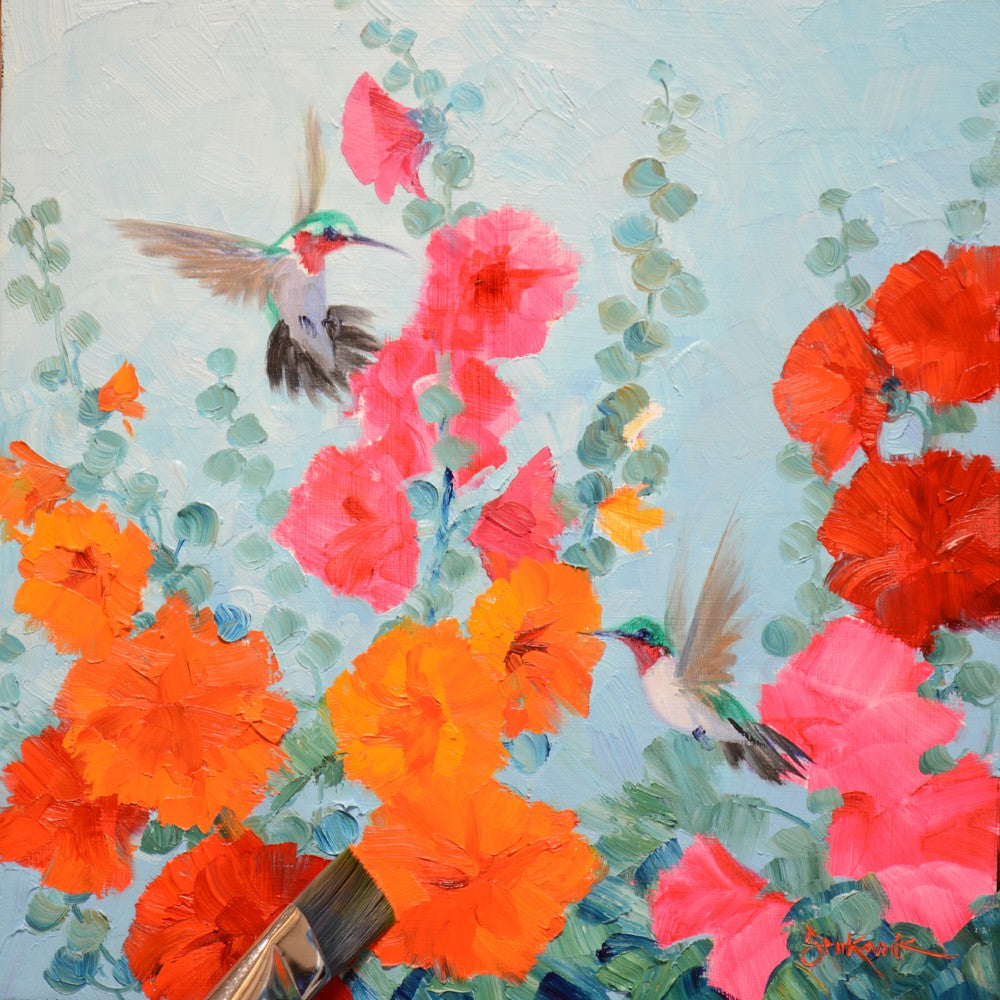 Hummin’ in the Hollies 10x10" original oil painting by Mikki Senkarik featuring two hummingbirds among vibrant pink, orange, and red hollyhock flowers. Ready to hang or frame.