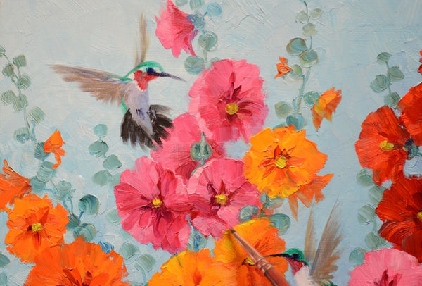 Hummin’ in the Hollies 10x10" original oil painting by Mikki Senkarik featuring two hummingbirds among vibrant pink, orange, and red hollyhock flowers. Ready to hang or frame.