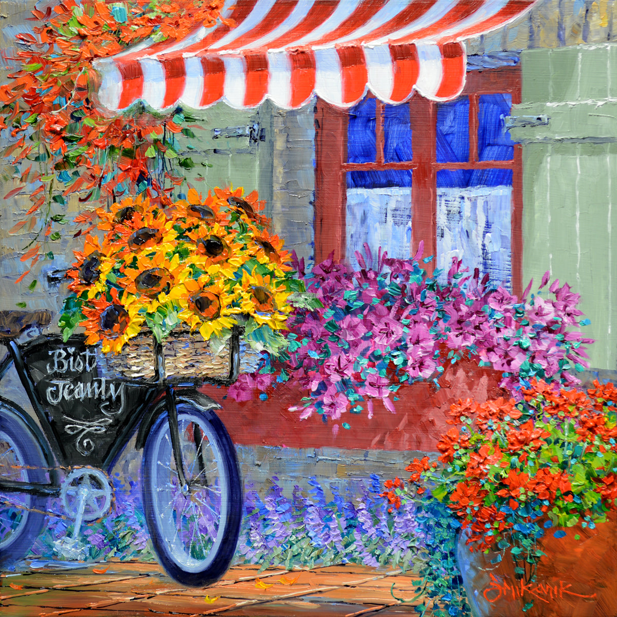 Beneath the Bistro Awning by Mikki Senkarik, 10x10 original oil painting of a flower-filled bicycle beneath a red and white striped bistro awning with vibrant palette knife texture.