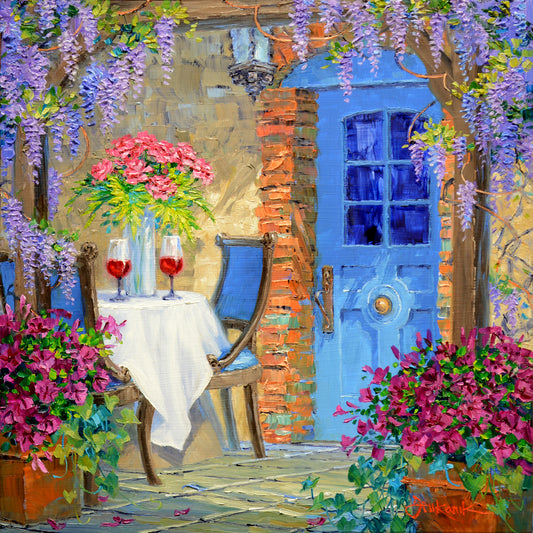 Invitation to Dine by Mikki Senkarik, 10x10 original oil painting of The French Laundry in Yountville with blue door, wisteria and table for two.