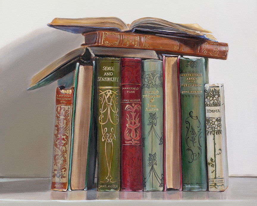 A still-life painting of a stack of vintage hardcover books on a white shelf against a light gray wall. The books have illustrated spines in muted green, red, blue, beige, and brown tones, with one book open on top.