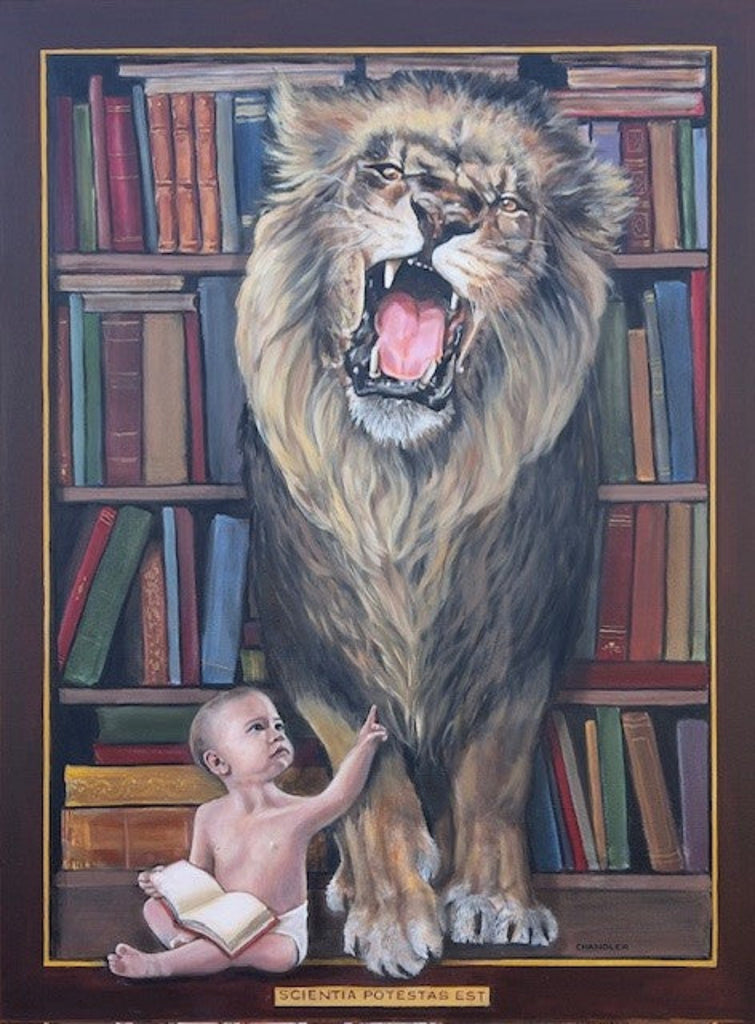 Knowledge is Power by Gail Chandler featuring a baby taming a lion.