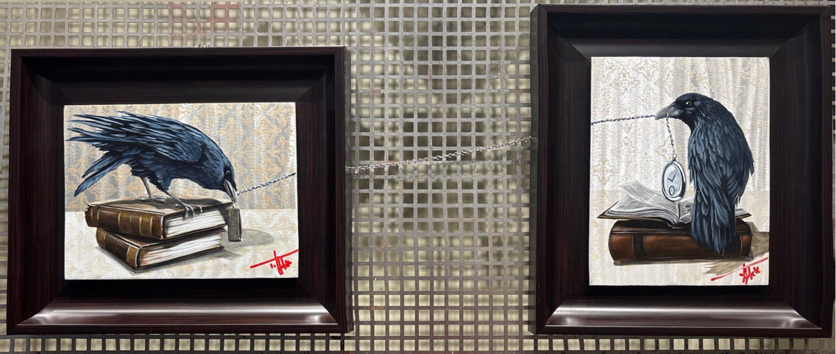 "Stretching Time" by Pete Tillack – a symbolic raven diptych on aluminum, connected by chain.