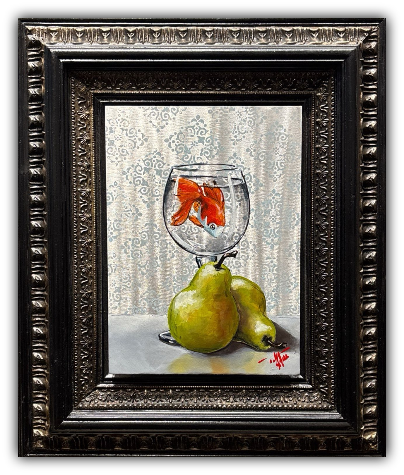 “Nice Pear” by Pete Tillack – a goldfish in a glass balanced on two green pears.