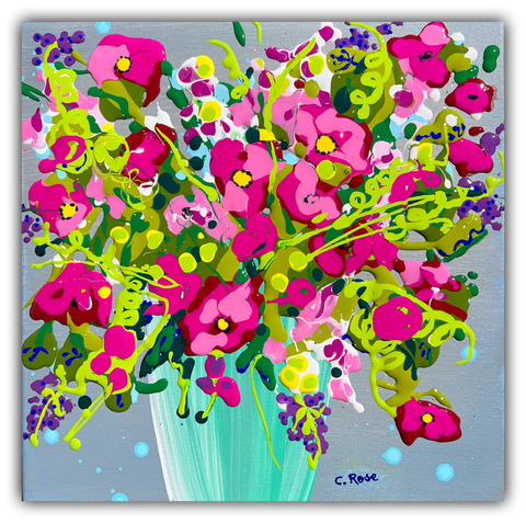 Sweet Peas original acrylic painting by Charlotte Rose featuring a vibrant abstract floral bouquet with pink flowers, bold green and yellow accents, and expressive drips on a soft blue background, 12x12 inches.