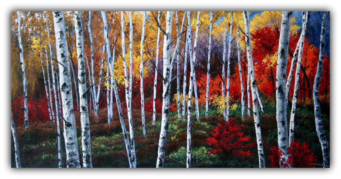 Symphony of Color limited edition giclée on canvas by Jennifer Vranes featuring tall white aspens surrounded by vibrant red, gold, and purple autumn foliage.