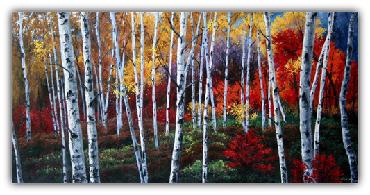 Symphony of Color limited edition giclée on canvas by Jennifer Vranes featuring tall white aspens surrounded by vibrant red, gold, and purple autumn foliage.