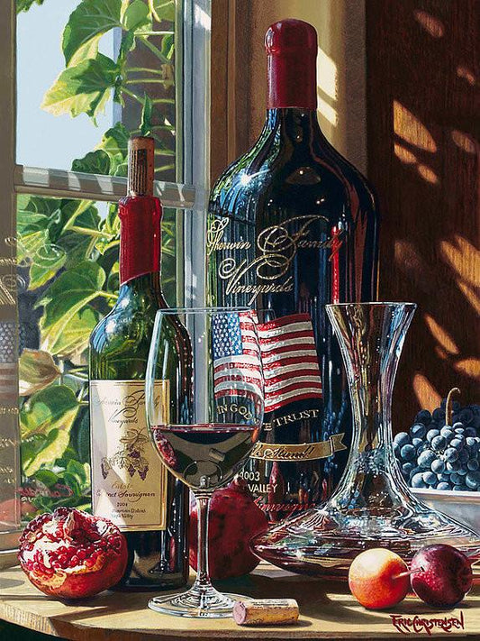 Taste of Glory winescape by Eric Christensen featuring Sherwin Family Vineyards wine of the Napa Valley with the American flag on the bottle.