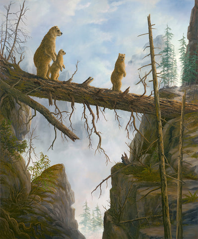 The Gate oil painting by Robert Bissell features a bear family walking across a log.