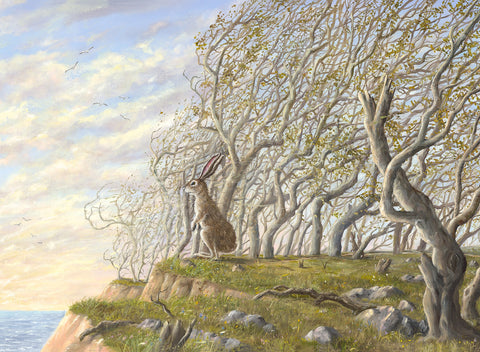 The Great Wind painting by Robert Bissell features a bunny rabbit withstanding the great wind.