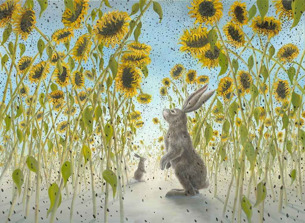 The Hidden Way oil painting by Robert Bissell features bunny rabbits surrounded by sunflowers.