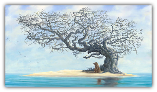 The Island bear painting by Robert Bissell features a bear on a deserted island.